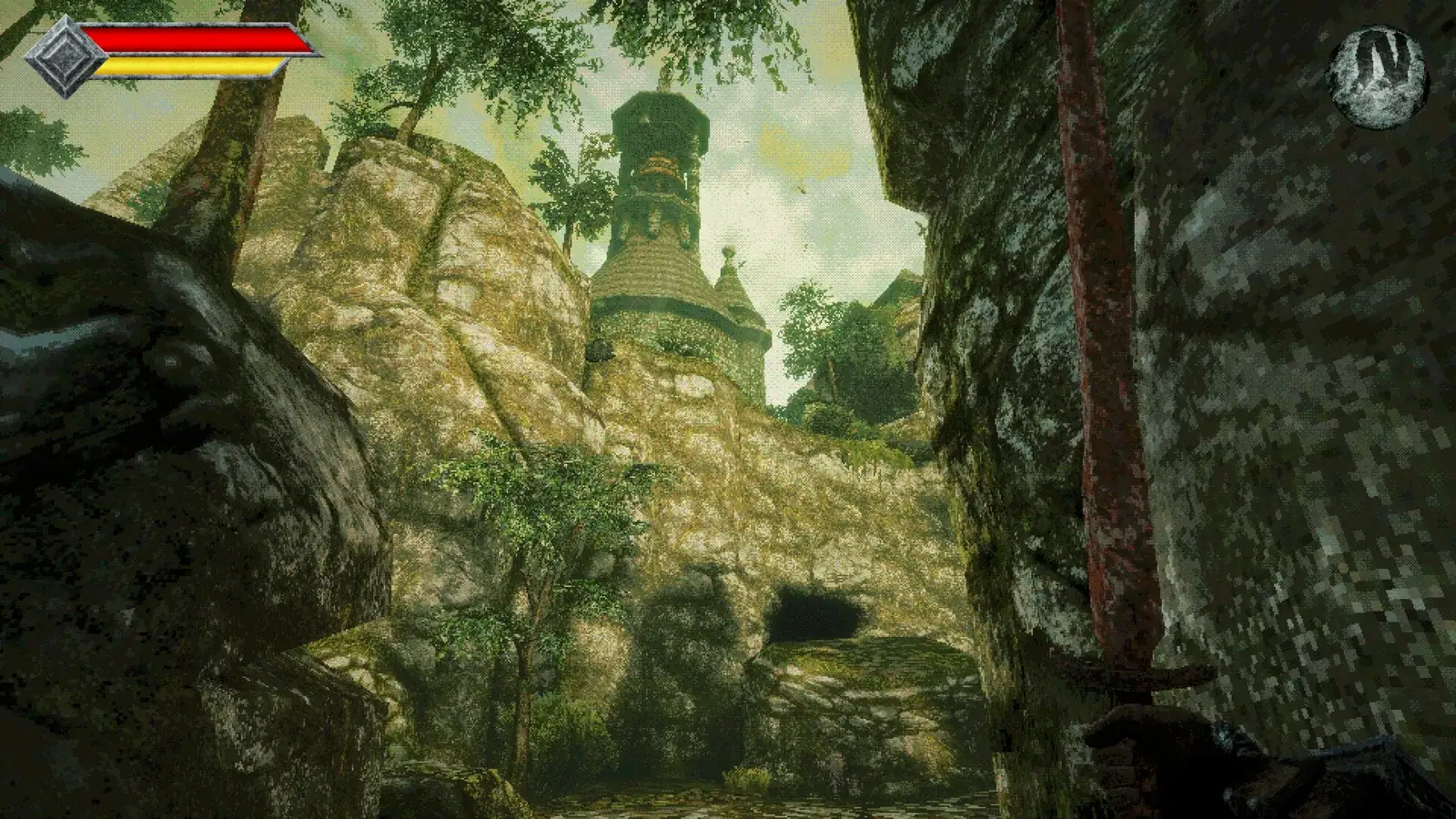 The island's first landmark is the ruined tower visible from the shore